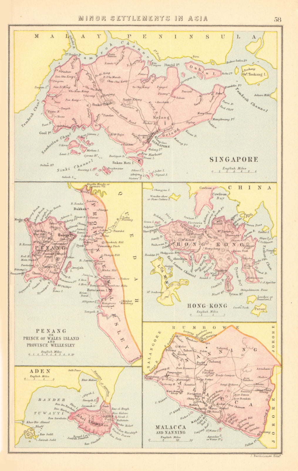 BRITISH EAST ASIAN COLONIES. Singapore Penang Hong Kong Malacca 1876 old map